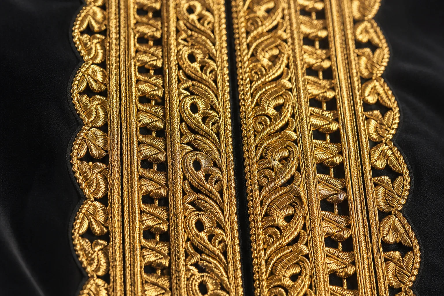 Traditional Khaleeji goldwork on a jalabiya placket