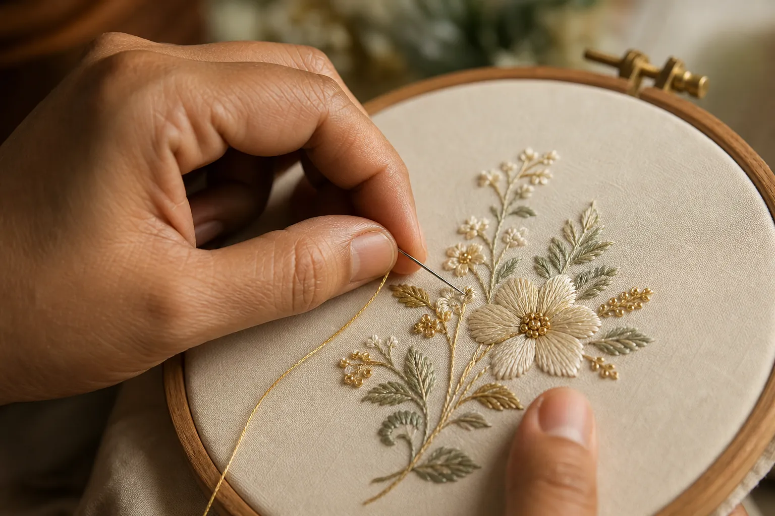 Hand embroidery with needle and gold silk thread