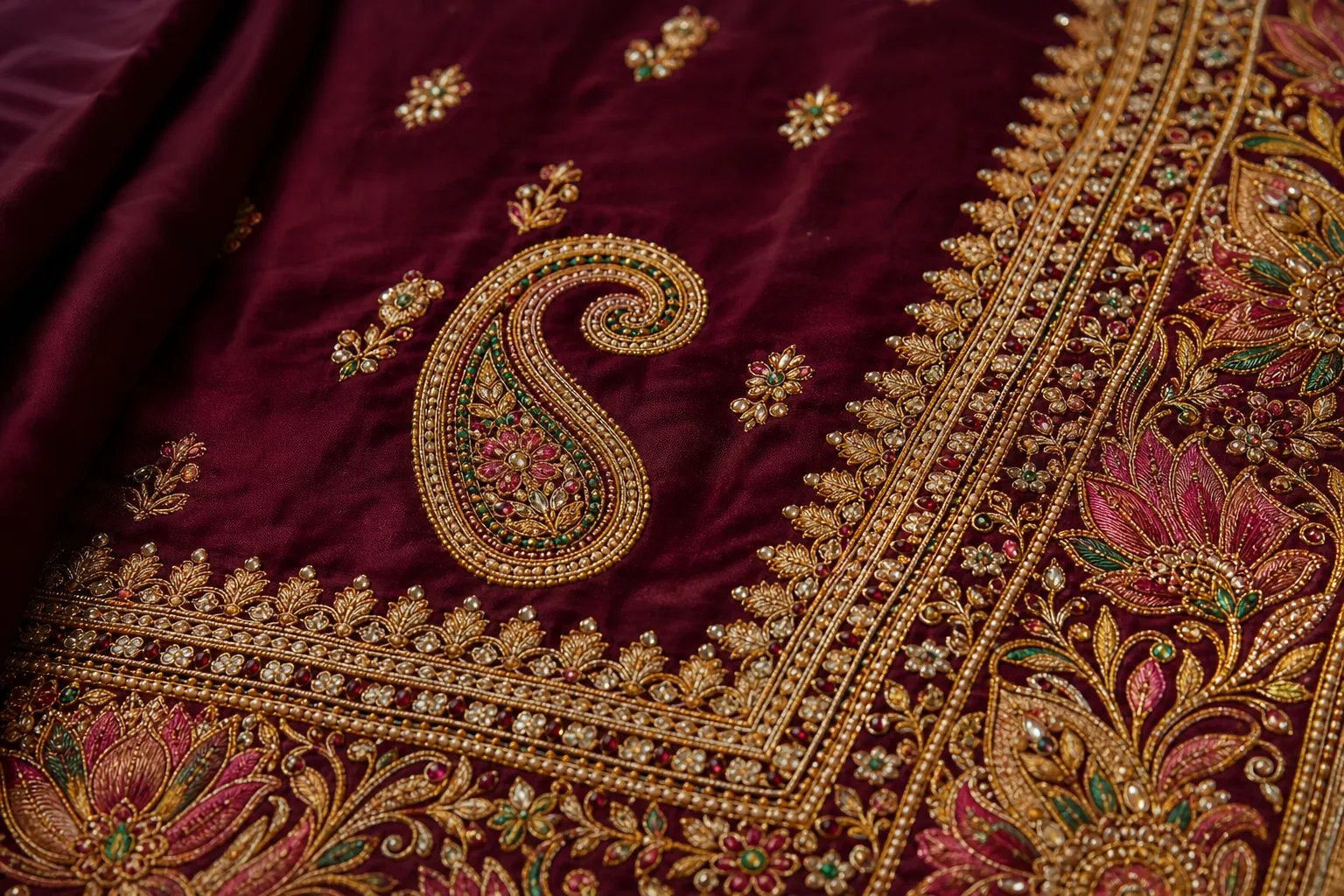 Traditional Indian paisley and lotus embroidery