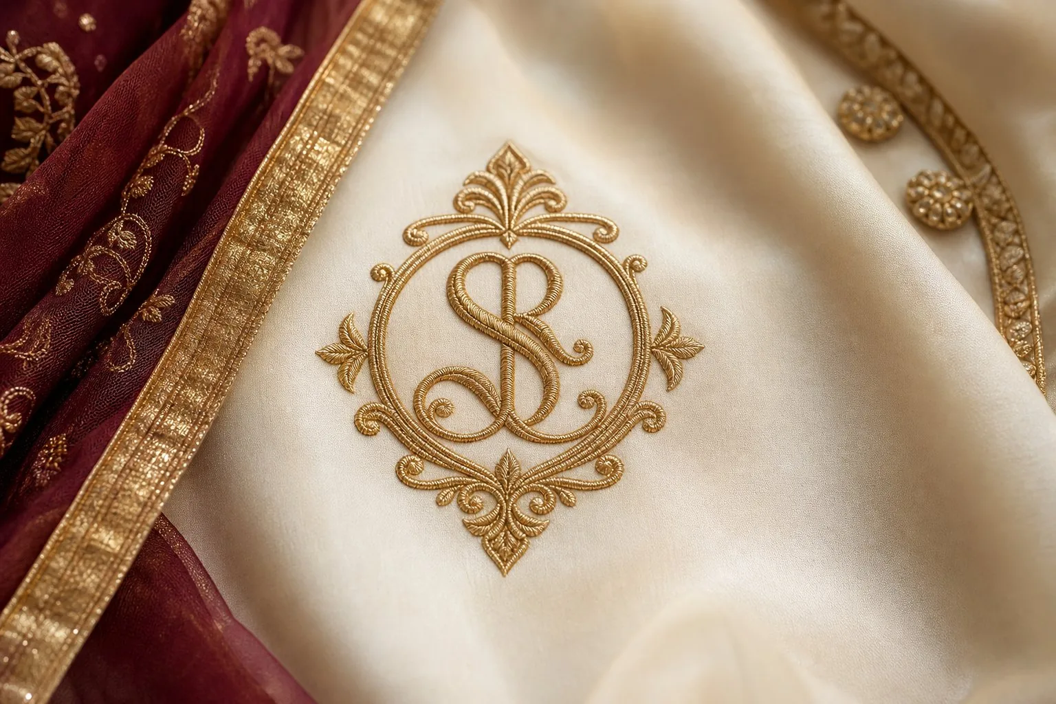 Custom embroidered monogram on ivory fabric
